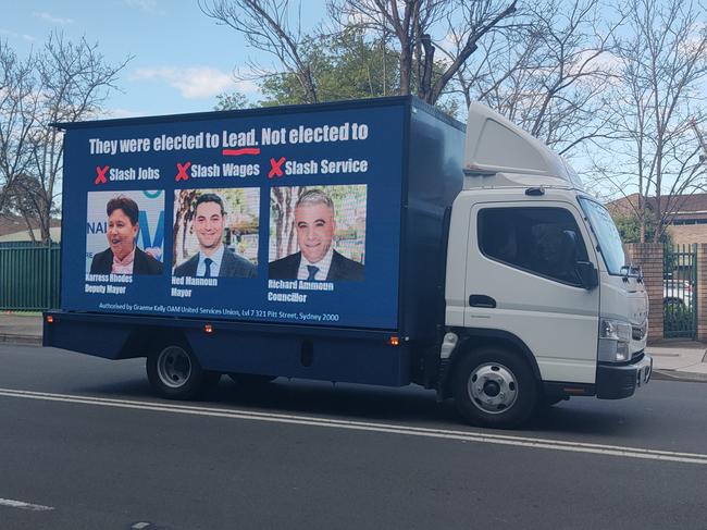 Trucks with signs criticising Liverpool Liberal mayor Ned Mannoun, deputy mayor Karress Rhodes, and councillor Richard Ammoun, authorised by the United Services Union, spotted on September 5. Picture: Paul Brescia