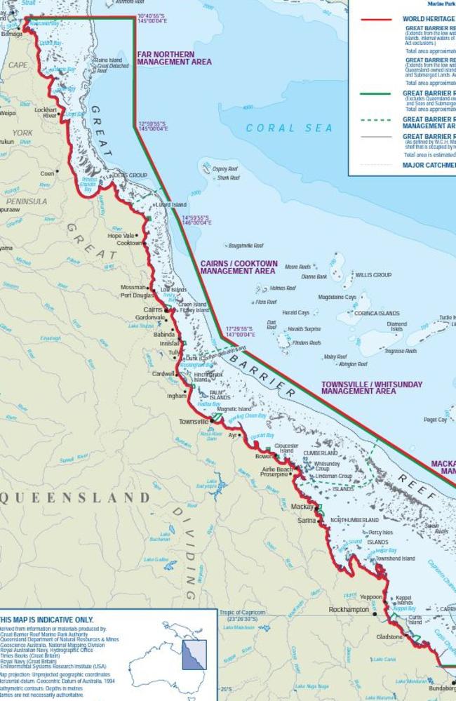 The boundaries of the Great Barrier Reef world heritage area. By mid-2027, gillnet fishing will be illegal within the red lines.