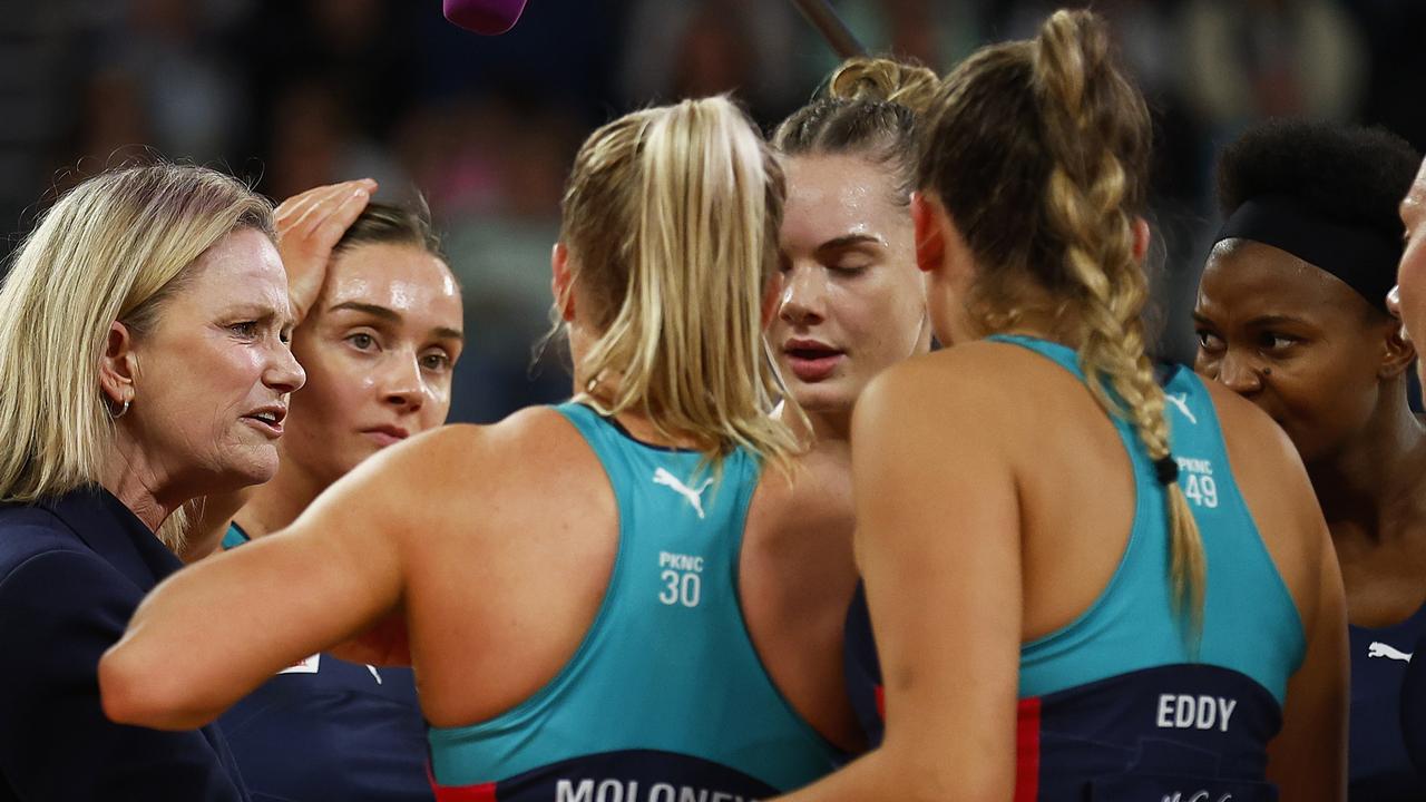 Vixens head coach Simone McKinnis asks her players to lift as they come off second best against West Coast Fever in their semi-final at John Cain Arena.