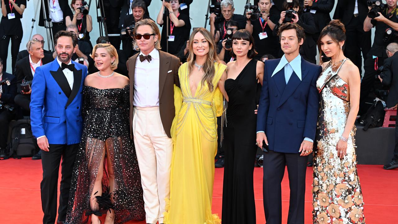 Nick Kroll, Florence Pugh, Chris Pine, Olivia Wilde, Sydney Chandler, Harry Styles and Gemma Chan at the Don't Worry Darling screening in Venice, Italy. Picture: Matrix Pictures