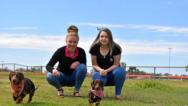 Jamie Mitchell with Slinky and Jess Pearce with Mia ahead of Saturday's dachshund day,. Picture: Ellen Ransley