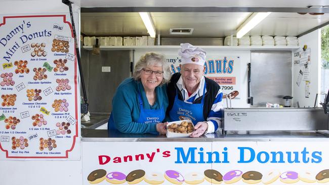 Robyn and Danny Smans and their Danny's Mini Donut van which they have run at the Fishermans Wharf Market for 30 years. Picture: Mark Brake