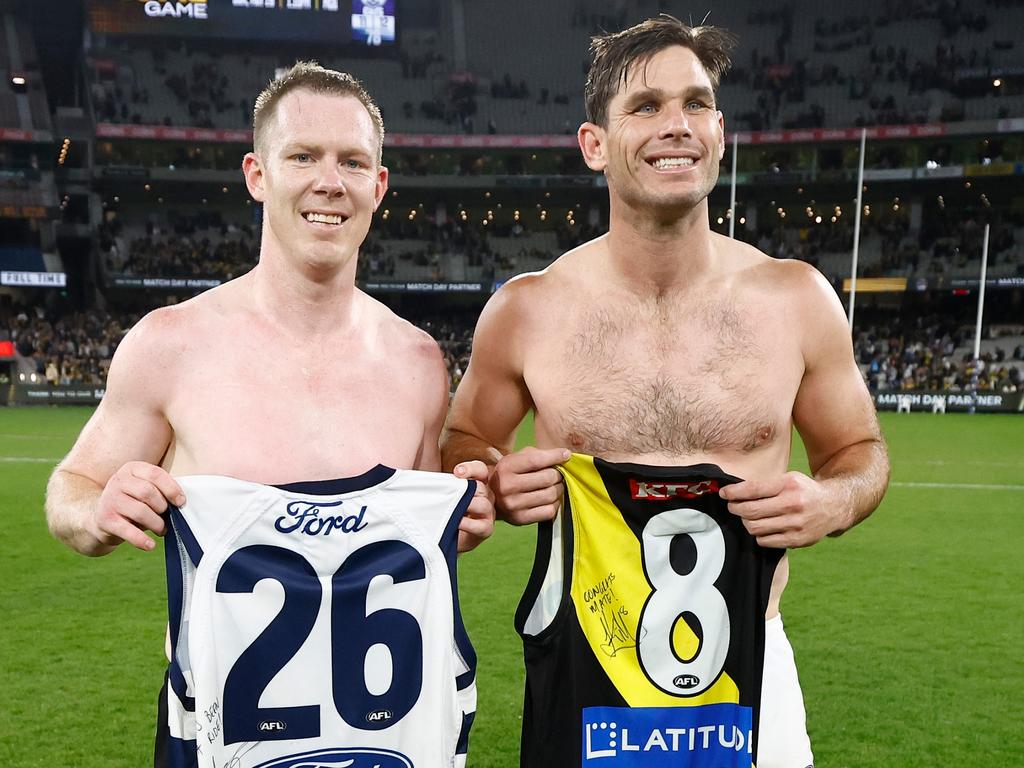 Jack Riewoldt and Tom Hawkins kicked 1583 goals between them. Picture: Michael Willson/AFL Photos