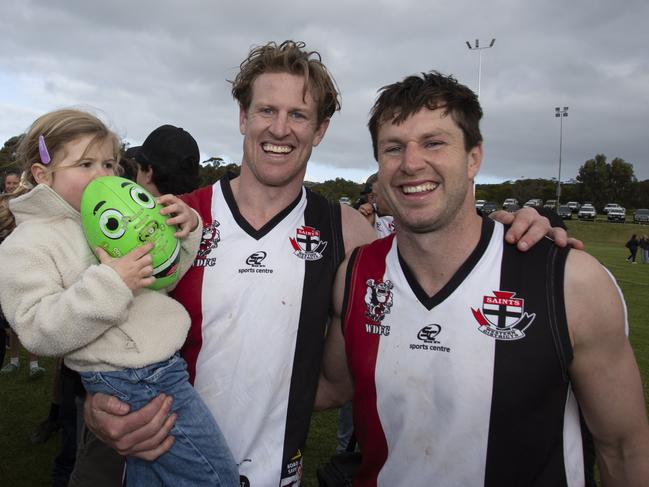 KI Football Grand Final.  Western Districts A-Grade v Wisanger A-Grade . Tom Jonas with daughter Matilda 2 and brother Sam. 14th September 2024. Picture: Brett Hartwig