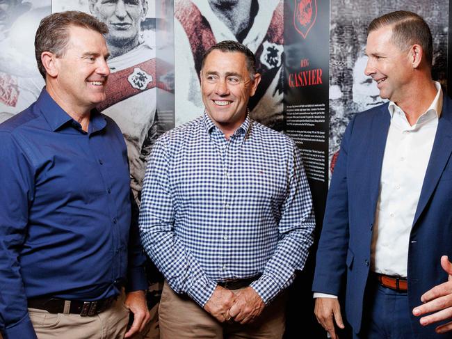 WEEKEND TELEGRAPHS. SPEAK TO JEFF DARMANIN BEFORE USE. cricket legend Mark Taylor, coach Shane Flanagan, Dragon legend Mark Coyne and chairman Andrew Lancaster pose for a photo at The Dragons Way Breakfast in the St George Illawarra NRL club museum at St George Leagues Club, Kogarah. 22/09/2023. Pic by Max Mason-Hubers