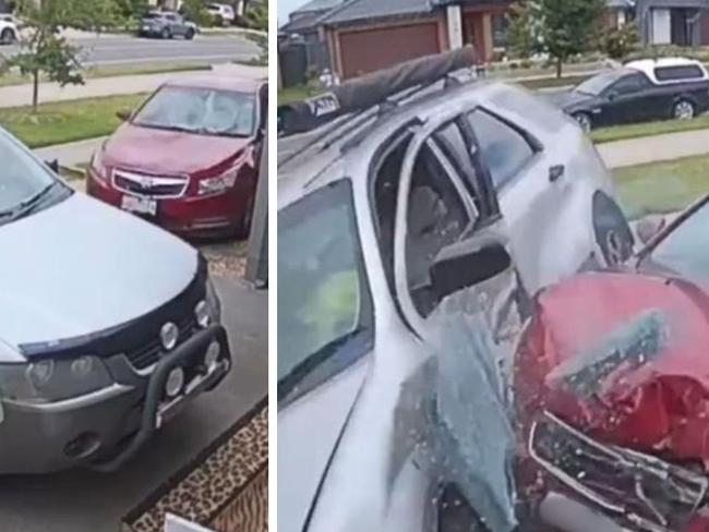 A family has ade a quick dash after a car veered into their parked vehicle in Werribee. Picture: 9News