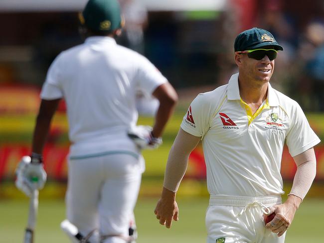 Australia's fielder and vice captain David Warner is pictured with a heavy bandaged on his left hand