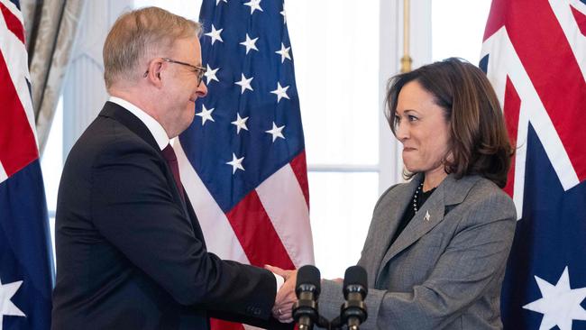 Vice-President Kamala Harris greets Anthony Albanese at an official event at the US State Department in Washington in October 2023. Picture: AFP