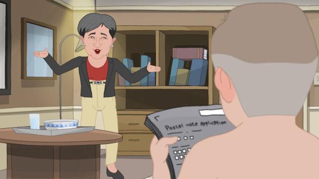 Penny Wong and Anthony Albanese discussing voter fraud in the Pauline Hanson cartoon. Photo: YouTube.