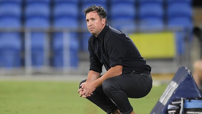 GOLD COAST, AUSTRALIA - MARCH 20: Brisbane Roar coach Robbie Fowler watches on during the round 27 A-League match between the Brisbane Roar and the Newcastle Jets at Cbus Super Stadium on March 20, 2020 in Gold Coast, Australia. (Photo by Albert Perez/Getty Images)