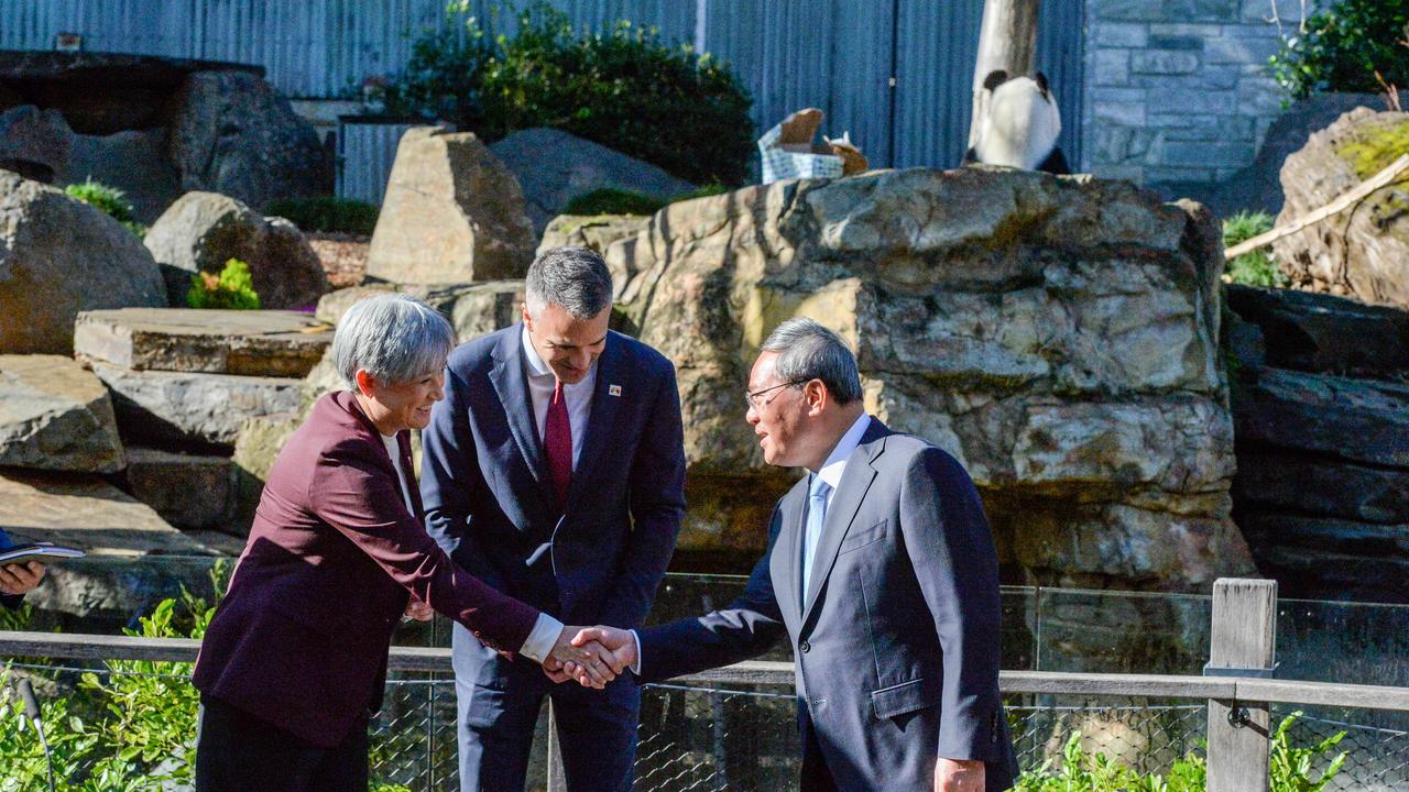Premier Li met with Foreign Minister Penny Wong at the panda enclosure at Adelaide Zoo. Picture: NCA NewsWire / Brenton Edwards