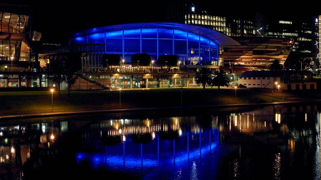 The Adelaide Convention Centre, lit up in blue to commemorate Chief Superintendent Joanne Shanahan. Picture: Matt Loxton