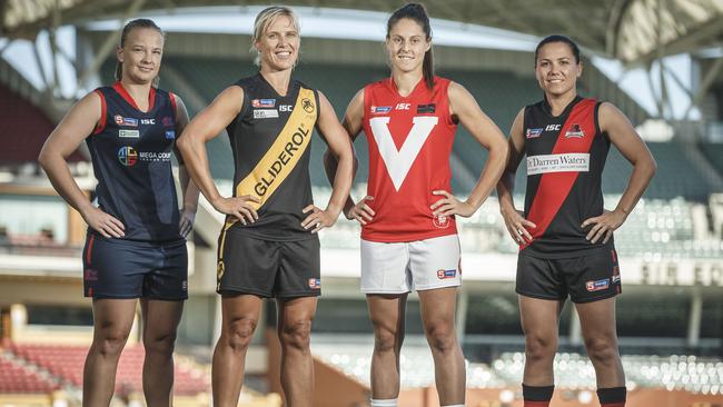 SANFL women’s competition captains Rebekka McMahon (Norwood), Glenelg (Cassie Hartley), Jessica Edwards (North Adelaide) and Kirsty Degabriele (West Adelaide). Picture: Mike Burton