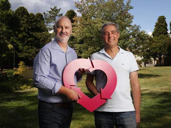 David Wightman of Hobart who received a kidney transplant in 2024 with friend Ian Jones of Hobart who recently joined the waiting list for a liver transplant.  Tasmanian organ donation and transplantation outcomes from 2024 are leading the country with the rates reflecting donors per million people are our highest ever achieved and up with the leading rates in the world.  Picture: Nikki Davis-Jones