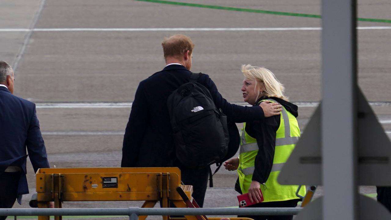 Prince Harry, Duke of Sussex boards a flight at Aberdeen Airport. Picture: Peter Summers/Getty Images