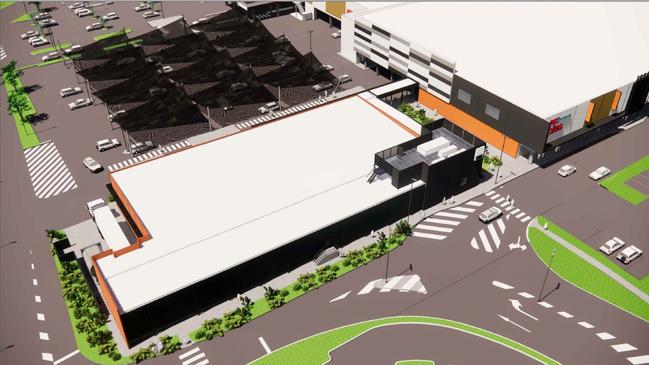 Aerial view of the proposed stand alone building with an awning between the two buildings and car park shade sails.