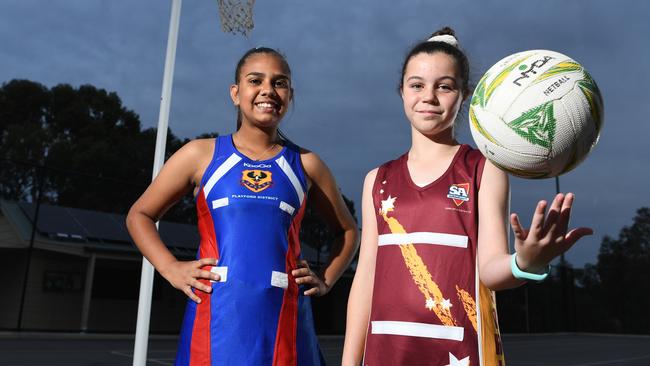 Playford’s Nazaria Coleman, 12, and Gawler’s Marley Koen, 11, will represent their districts at Netball SA Stadium. Picture: Tom Huntley