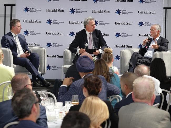 Chief Executive Officer Crown Melbourne Mike Volkert, Chief Executive of the Victorian Chamber of Commerce and Industry Paul Guerra and CEO John Holland Group Joe Barr during the panel discussion on Tuesday. Picture: David Caird