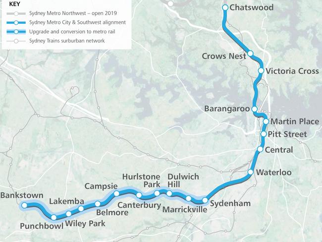 The stations on the planned Sydney Metro Southwest and Sydney Metro alignment