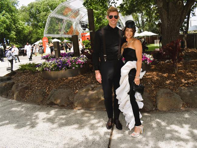 Guests in striking racewear at Penfolds Derby Day at the Flemington Racecourse on Saturday, November 02, 2024: