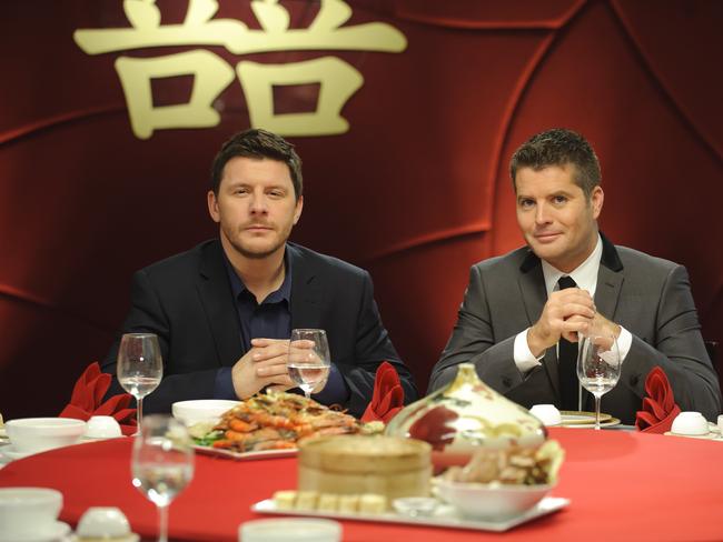 Manu Fieldel and Pete Evans on the set of My Kitchen Rules.