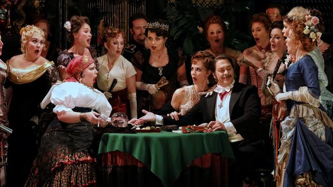 Anna Dowsley as Flora Bervoix, Tom Hamilton as Marquis D’Obigny and the Opera Australia Chorus. Picture: Prudence Upton