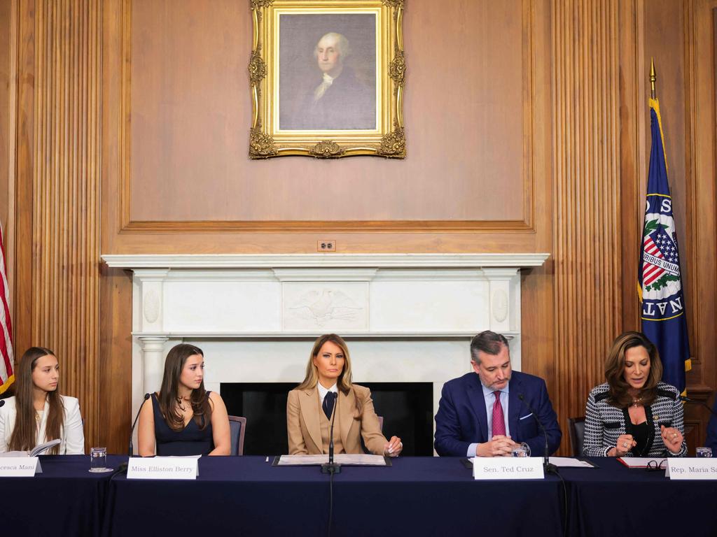 (L-R) Francesca Mani, Elliston Berry, U.S. first lady Melania Trump, Sen. Ted Cruz (R-TX), and Rep. Maria Salazar (R-FL) speak during a roundtable discussion on the "Take It Down Act". Picture: Getty/AFP