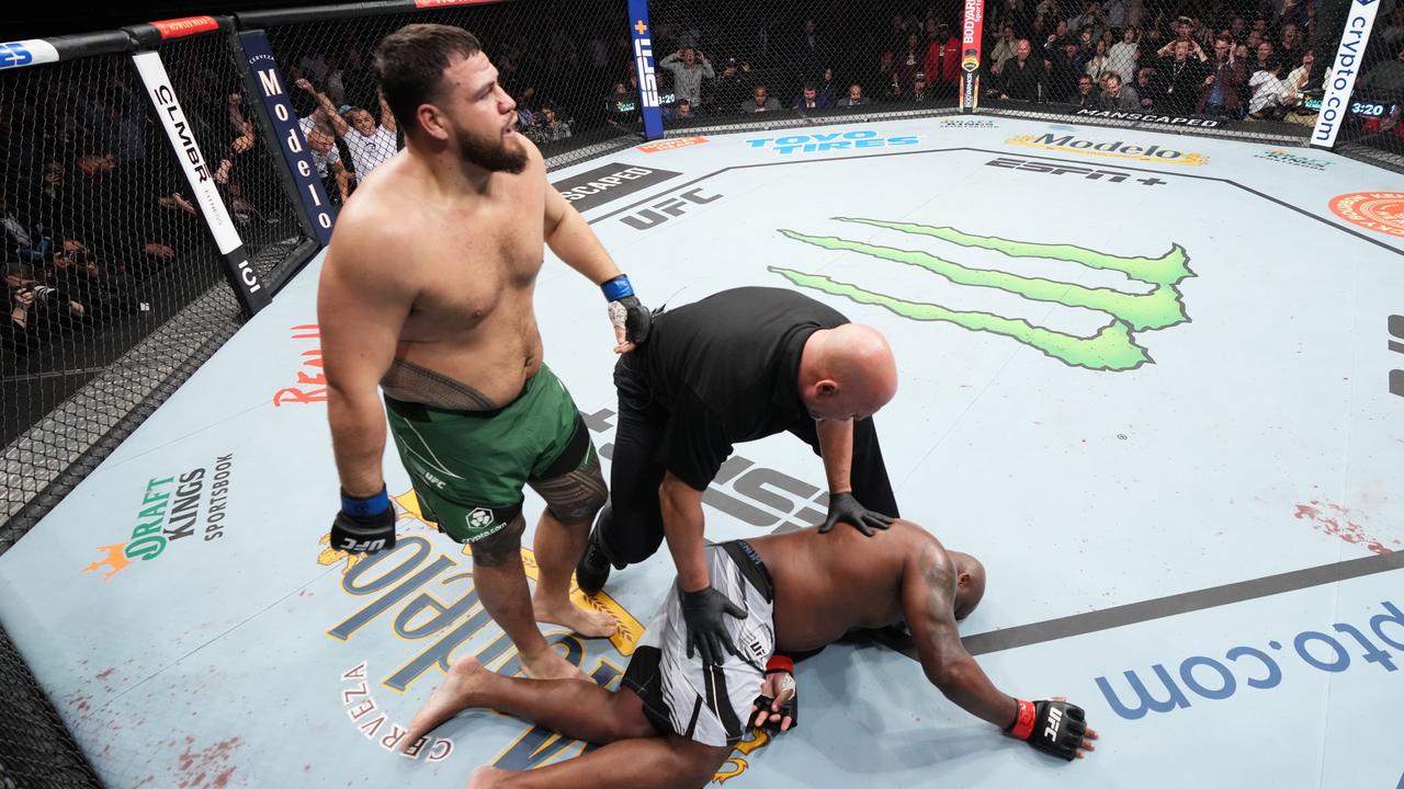 Tai Tuivasa knocks out Derrick Lewis at UFC 271. (Photo by Josh Hedges/Zuffa LLC)