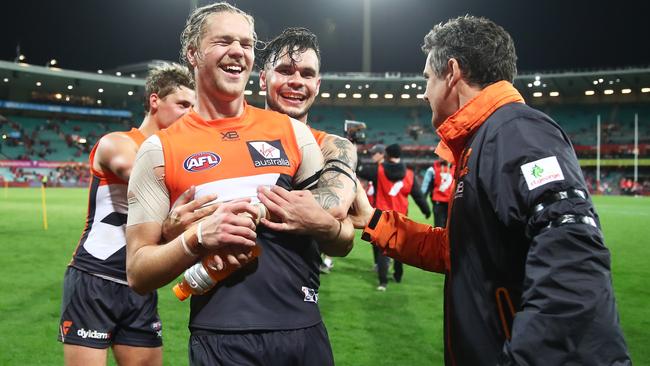 Harry Himmelberg celebrates GWS’s win over Sydney. Picture: Getty Images