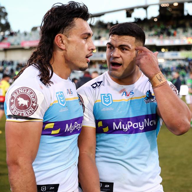 Key forwards Tino Fa'asuamaleaui and David Fifita. Picture: NRL Images