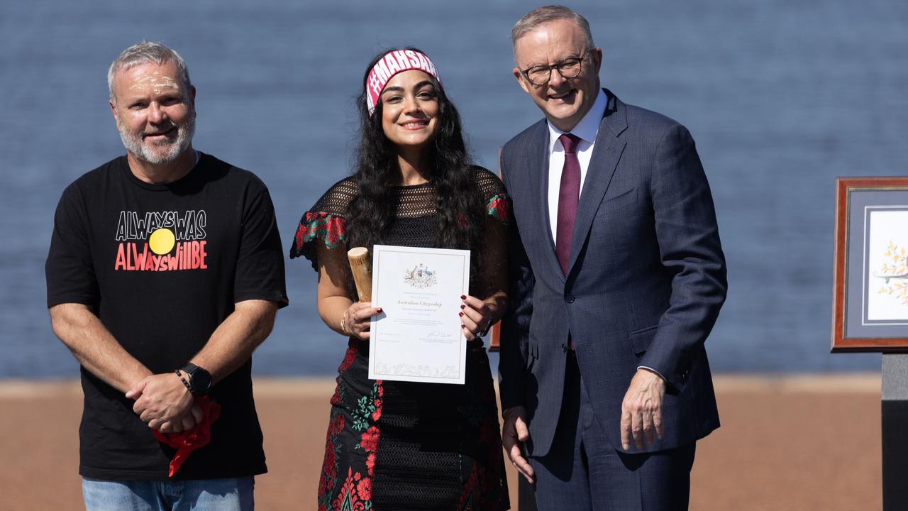 Prime Minister Anthony Albanese (pictured at the Australia Day 2023 Canberra citizenship ceremony) has come under fire for ‘not investing’ in Australian values. Picture: NCA NewsWire / Gary Ramage