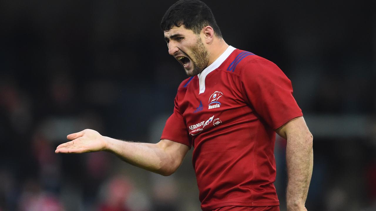 Tagir Gadzhiev of Russia reacts at Kingsholm Stadium.