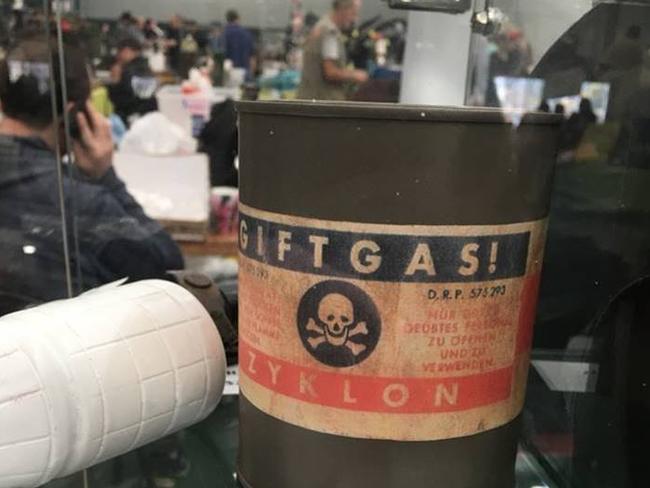 A Zyklon gas replica tin for sale at the Melbourne Arms and Militaria Fair. Picture: Supplied