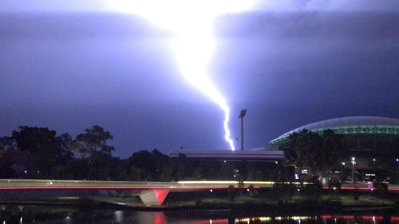 Lightning storm over Adelaide Oval during last night’s storm. Picture: Hamish Pring