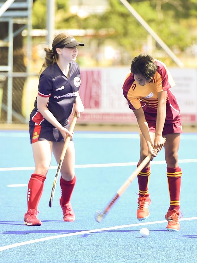 Parks forward Chandarayuth Sary smashes home a goal during the Townsville Hockey under-15 clash at the Townsville Hockey Complex.