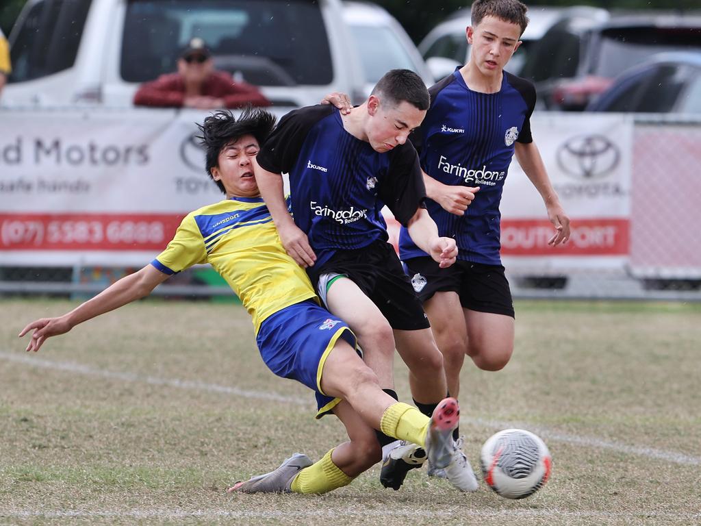 Premier Invitational Football 2024 tournament at Glennon Park Nerang. Field 1...Selwyn Utd (blue) V Brisbane Strikers (Yellow). Picture Glenn Hampson