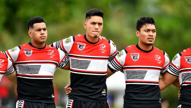 Jeremiah Nanai, far right, with Kirwan SHS teammates Abai Chatfield-Mooka and D'Jazirhae Pua'avase. Picture: Alix Sweeney