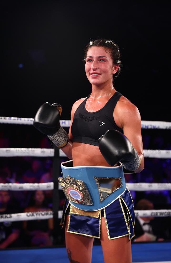 Jasmine Parr celebrates winning the WIBA Flyweight World Title. Picture: Getty Images