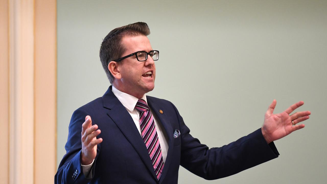 Queensland member for Kawana Jarrod Bleijie addresses a reduced chamber, due to social distancing measures, during Question Time at Queensland Parliament in Brisbane, Wednesday, April 22, 2020. Queensland has recorded no new cases of coronavirus in the past 24 hours. (AAP Image/Dan Peled) NO ARCHIVING