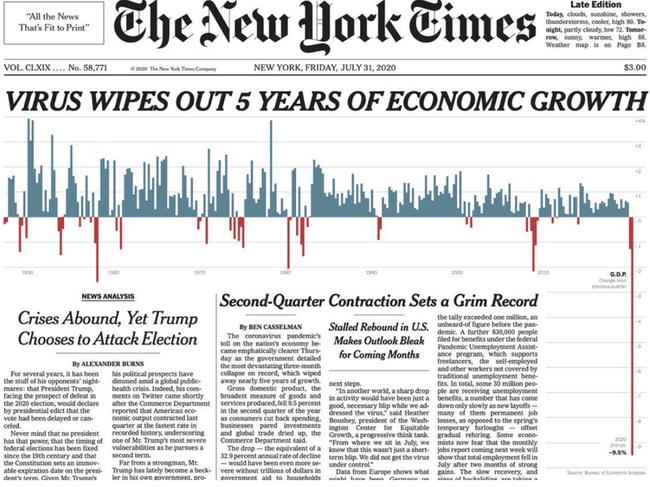 The New York Times front page about massive drop in US GDP. Picture; Supplied