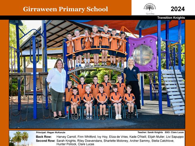 Girraween Primary School Transition Knights. Back row l-r: Harvey Carroll, Finn Whitford, Ivy Hoy, Eliza de Vries, Kade O'Neill, Elijah Muller and Livi Sapuppo. Middle row: Teacher Sarah Knights, Riley Doevendans, Sharlette Moloney, Archer Sammy, Stella Catchlove, Hunter Pollock and SSO Clare Lucas. Front row l-r: Flynn Carter, Tully Buckland, Ned Perry, Dylan MacLean and Hayden.