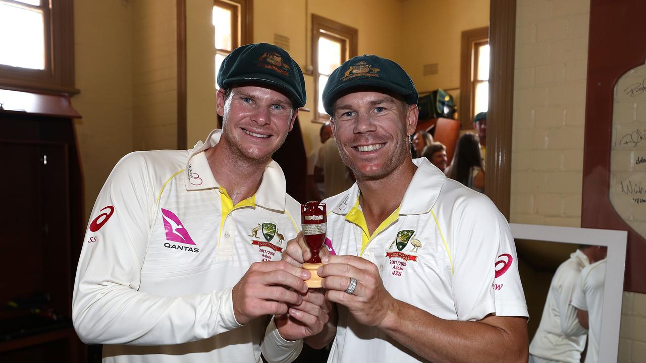 Steve Smith (left) and David Warner celebrate winning the 2017-18 Ashes series. Photo: Ryan Pierse/Getty Images.