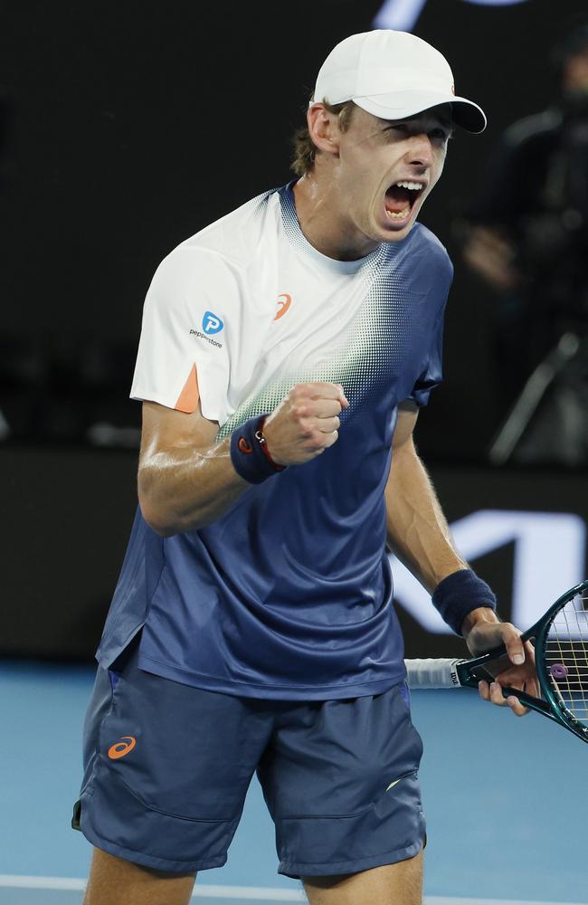 Alex de Minaur celebrates winning a tie-break. Picture: Michael Klein