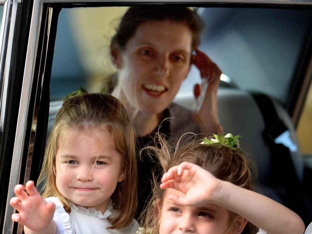 Maria accompanying Princess Charlotte to Princess Eugenie’s wedding. Picture: Pool/Max Mumby/Getty Images