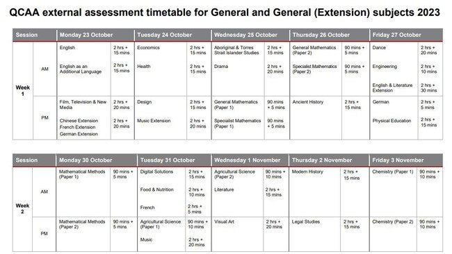 QCAA 2023 timetable