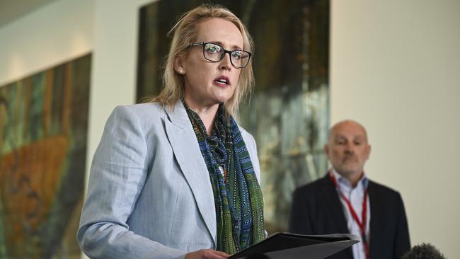 Jo Tarnawsky, Deputy Prime Minister Richard Marles’ chief of staff and one of the highest-ranking female staffers in the Albanese government, at a press conference in Parliament House on Thursday. Picture: Martin Ollman/NewsWire