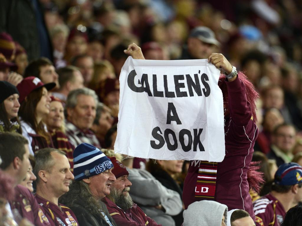 A Queensland supporter shows their support for Paul Gallen before the start of Game II of the 2013 series. Picture: Dan Peled