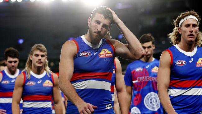 Bulldogs skipper Marcus Bontempelli leads his team off Marvel Stadium after the loss to St Kilda. Picture: Michael Klein