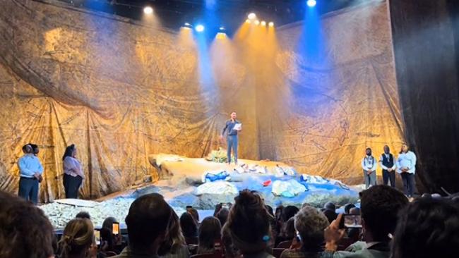 Cast members of Sydney Theatre Company's The Visitors expressing support of the people of Gaza following their preview performance in Canberra. Source: TikTok