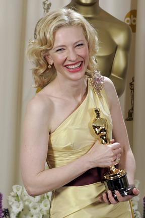 Cate Blanchett poses with the Oscar she won for best supporting actress for her work in film ‘The Aviator at the 77th Academy Awards in 2005. Picture: Getty